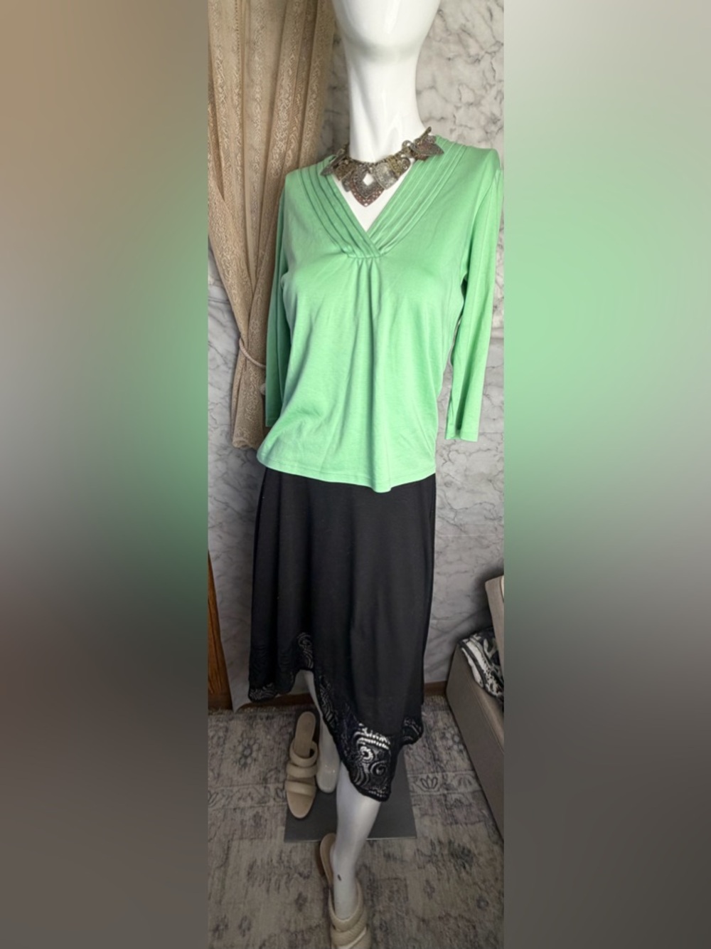 L.L. Bean 100% Supima Cotton V Neck XSP Spring Green 3/4 Sleeve Soft Stretch